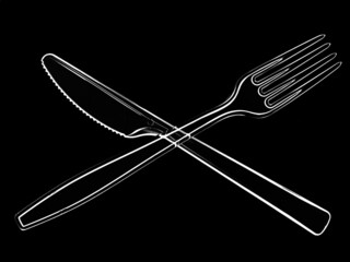 Bright cutlery, knife and fork, white outline on black background.