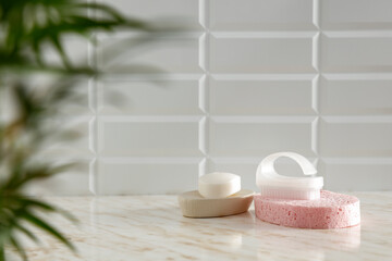 Marble table in the bathroom in the sunshine on a beautiful spring day 