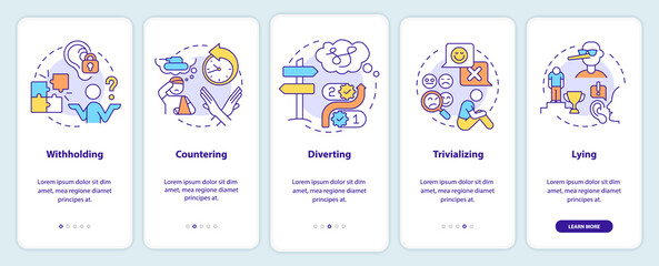 Gaslighting signs onboarding mobile app screen. Diverting and lying walkthrough 5 steps graphic instructions pages with linear concepts. UI, UX, GUI template. Myriad Pro-Bold, Regular fonts used