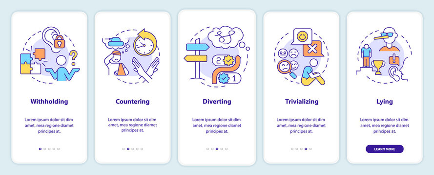Gaslighting signs onboarding mobile app screen. Diverting and lying walkthrough 5 steps graphic instructions pages with linear concepts. UI, UX, GUI template. Myriad Pro-Bold, Regular fonts used