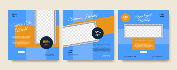 Set of travel sale social media post template. Web banner, flyer or poster for travelling agency business offer promotion. Holiday and tour advertisement banner design.