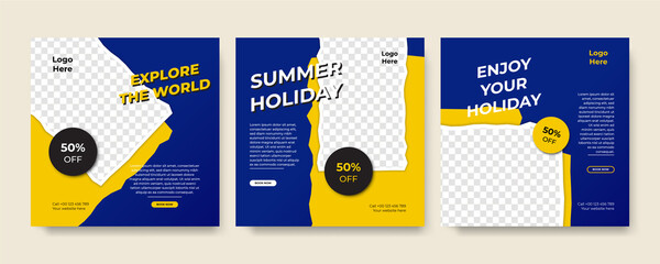 Set of travel sale social media post template. Web banner, flyer or poster for travelling agency business offer promotion. Holiday and tour advertisement banner design.