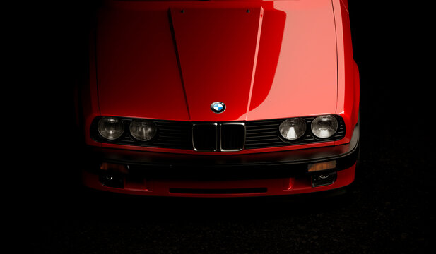 Almaty, Kazahstan - January 25th 2022: front view of the BMW M3 e30 isolated on the dark background. 3d render