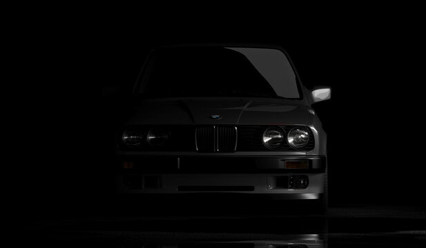 Almaty, Kazahstan - January 25th 2022: front view of the BMW M3 e30 isolated on the dark background. 3d render