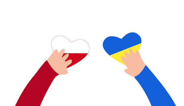 Ukraine and Poland. Kids hands holding hearts in blue and yellow colors and red and white flag colors. Friendship concept. Place fot text, vector background.