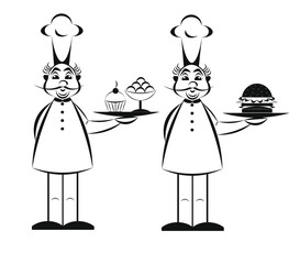 Chef with hamburger and cake