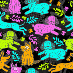 Seamless neon pattern with funny dogs in vector. Background with cute domestic dogs in scandinavian style. Template for baby clothes, fabric, wrapping paper.
