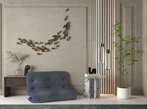 3d rendering of interior with wall molding mock up and armchair