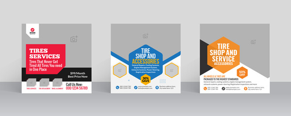 Tire service and accessories shop social media post template with web banner layout design