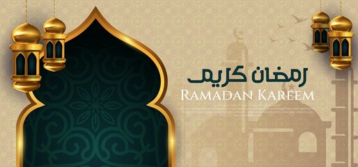Ramadan kareem islamic greeting background with lantern and arabic pattern and calligraphy - obrazy, fototapety, plakaty