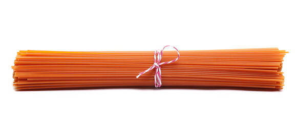 Spaghetti made from red lentils, pasta isolated on white 