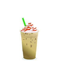 Iced latte with whipping cream and caramel sauce illustration vector