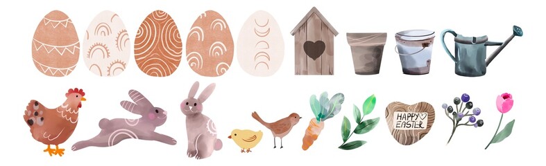 spring easter boho illustration elements set happy springtime isolate set on white background. cute drawing icons