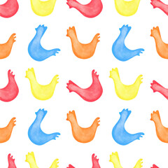 Watercolor seamless pattern of chickens. Spring Easter symbol. Rustic farm bird. Cute chicken. Hand drawn illustration on white background.