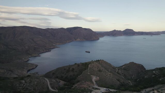  Bay nearby Castillitos battery, Cartagena in Spain. Aerial forward