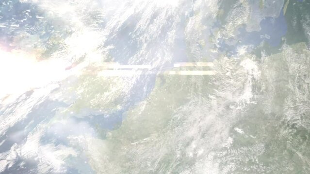 Earth zoom in from outer space to city. Zooming on Haarlem, Netherlands. The animation continues by zoom out through clouds and atmosphere into space. Images from NASA