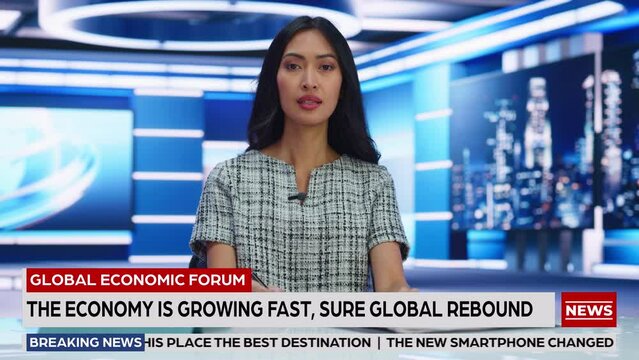 On Air TV Live News Program with Professional Female Presenter Reporting Event of the Day. Television Cable Channel Anchorwoman Talks. Mock-up Network Broadcasting Playback in Newsroom Studio