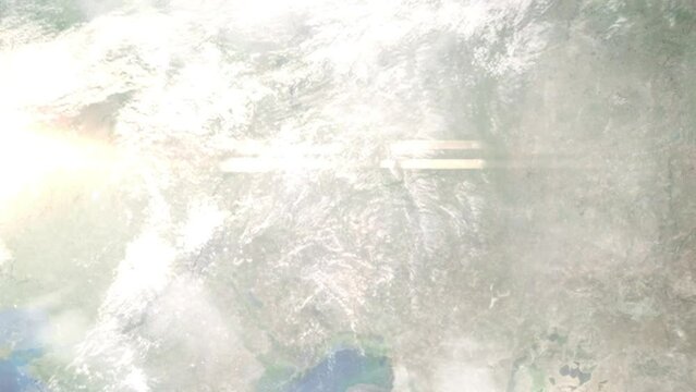 Earth zoom in from outer space to city. Zooming on Kazakhstan, Uralsk. The animation continues by zoom out through clouds and atmosphere into space. Images from NASA