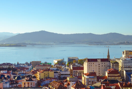 Aerial view of the urban landscape of the city of Santander. Views of the bay of Santander, the Botin Center (Centro Botin) and the natural park of Pe&ntilde;a Cabarga massif - Cantabria, Spain