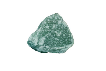 Cut out a raw specimen of green Aventurine stone isolated on white background. Lucky Opportunity Prosperity stone.