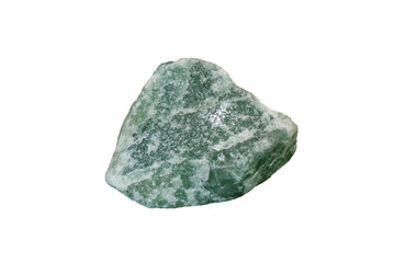 Cut out a raw specimen of green Aventurine stone isolated on white background. Lucky Opportunity Prosperity stone.