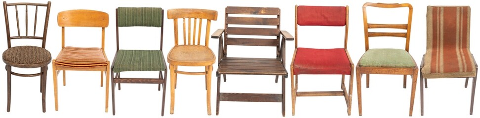 A collection of old wooden chairs from Poland from the 1970s and 1990s.