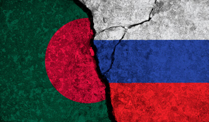 Political relationship between Bangladesh and russia. National flags on cracked concrete background