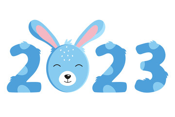 Symbol of the new 2023. Blue rabbit and numbers. Vector illustration