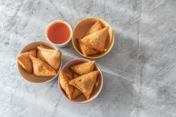 Deep fried Meat and Vegetable Samosa snacks ready to eat.