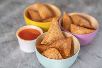 Deep fried Meat and Vegetable Samosa snacks ready to eat.