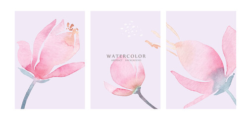 Abstract watercolor art background in pink, and blue pastel colors. Minimal style botanical wallpaper with flowers. Watercolor organic shapes. Background for banner, poster.