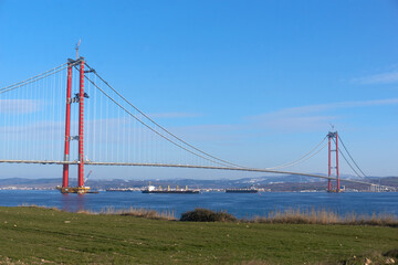 Canakkale, Turkey - 26 January 2022: The Canakkale 1915 Bridge will be one of the longest bridges in the world.It is being built over the Dardanelles Strait in the Canakkale, Turkey.