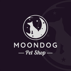 silhouette dog at the moon vintage logo vector illustration template icon graphic design. pet shop for animal lovers creative sign or symbol business concept