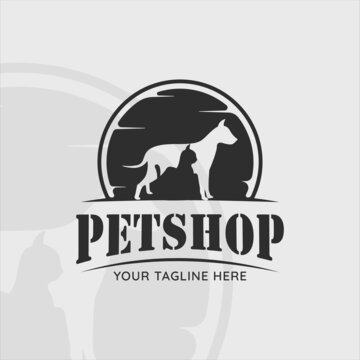 silhouette dog and cat vintage logo vector illustration template icon graphic design. pet shop sign or symbol for business concept with retro badge style