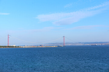 Canakkale, Turkey - 26 January 2022: The Canakkale 1915 Bridge will be one of the longest bridges in the world.It is being built over the Dardanelles Strait in the Canakkale, Turkey.