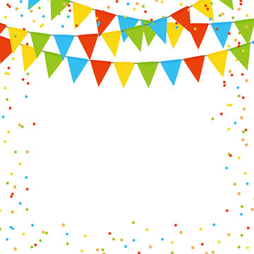 Party holiday abstract background template with flag garlands and confetti. illustration