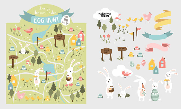 Cute Easter Egg hunt design, map for children, hand drawn with cute bunnies, eggs and decorations - great for invitations, banners, wallpapers - vector