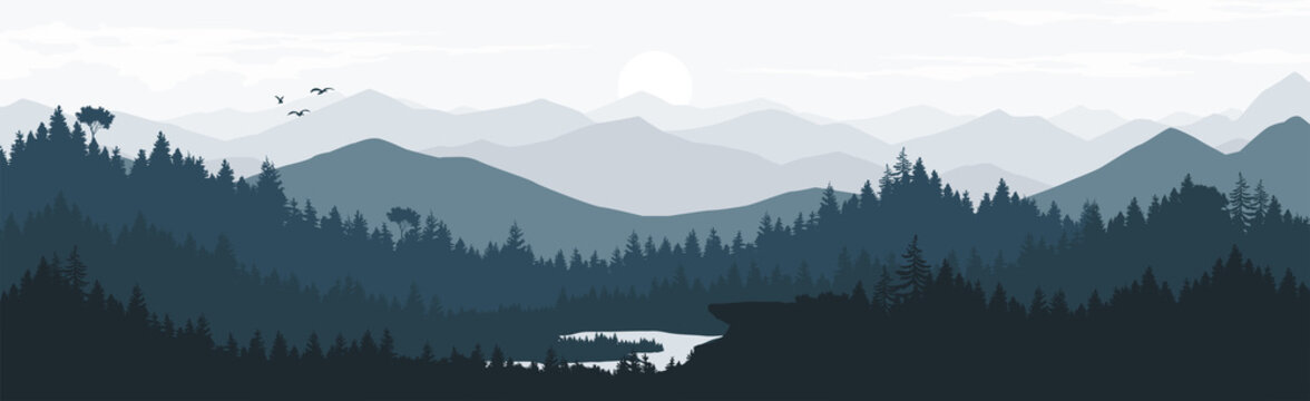 Mountain landscape and pine forest vector illustration in the morning