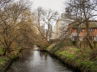View along the River Wandle, Wandsworth in London. February 2022.