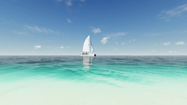 Low angle sea level view of small yacht boat sailing in calm open sea at blue sky. 4K Video. 3D Animation.