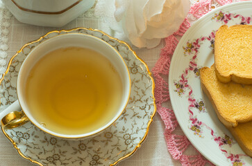 table set for breakfast or a snack with tea and rusks