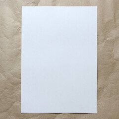 White empty sheet of A4 format on a beige craft paper. Concept of analysis, study, attentive work. Stock photo with empty place for your text and design. Photo of a square shape.
