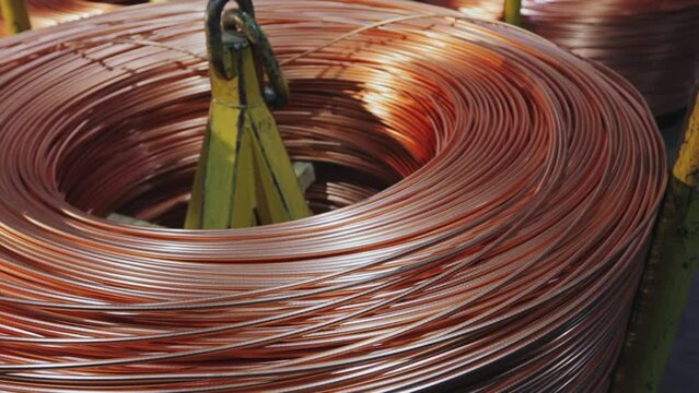 Copper cable manufacturing. Copper cable, a coil of copper cable.