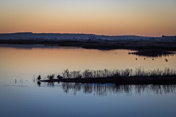 Sunset over Rye Harbour Nature Reserve, East Sussex, England