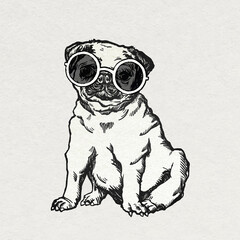 Vintage Pug, Art, Draw, Fun, Sun Glasses, Dog, Pet, illustration 