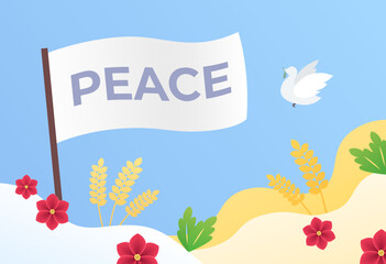 Papercut style flat illustration of the flag of peace, birds, flowers to support Ukraine. Stand with Ukraine. No to war