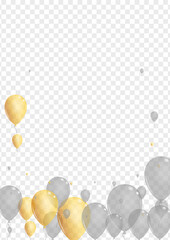 Golden Baloon Background Transparent Vector. Balloon Happy Set. Gold Entertainment Confetti. Balloon Ribbon Banner.