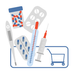 The concept of ordering medications. An icon of the medication order basket in an online pharmacy. Flat vector illustration on white background. For print, web design.