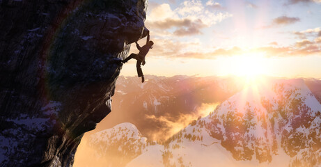 Adult adventurous man Rock Climbing a steep rocky cliff. Extreme adventure composite. 3d rendering mountain artwork. Aerial background landscape from British Columbia, Canada. Sunset Sky