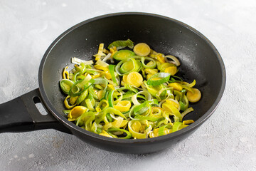Chopped leeks in frying pan